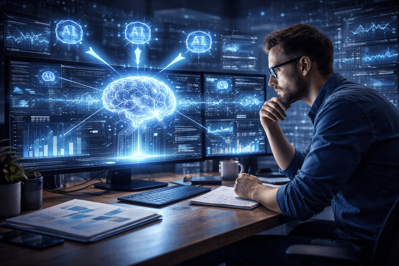 AI research workspace with data visualizations, neural network graphics, and advanced analytics